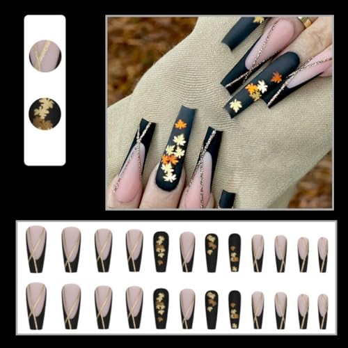 Fall Press On Nails Long Coffin Fake Nails with Maple Leaf Design - Black & Gold French Tips - 24 Pcs