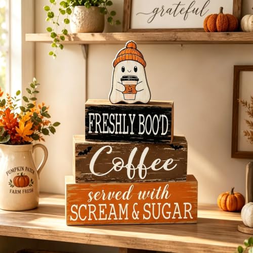 Halloween Ghost Coffee Table Decor Set - Wooden Bar Sign 4 Pcs