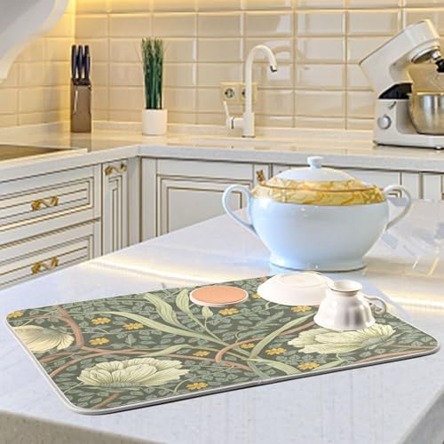 16 x 18 Inch William Morris Flowers Dish Drying Mat - Microfiber Kitchen Pad