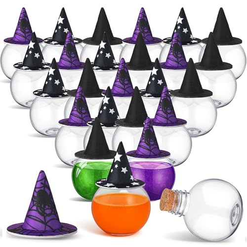 Halloween Potion Bottles Set with Wizard Hats - 24 Spherical Plastic 200ml Decorations
