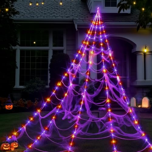 Outdoor Halloween Spider Web Lights - 250 Purple & Orange LEDs, 8 Modes, 16ft Yard Decoration