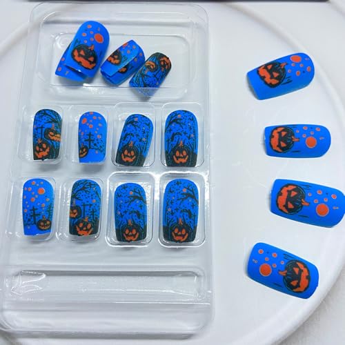 Halloween Press On Nails Medium Square Fake Nails with Pumpkin Design - Blue Matte - Variation of THIS listing