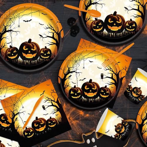 Halloween Party Supplies Disposable Pumpkin Plates Napkins Dinnerware Set for 20 Guests
