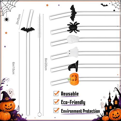Halloween Reusable Glass Drinking Straws - Spider Ghost Pumpkin Bat Design, 6 Pack