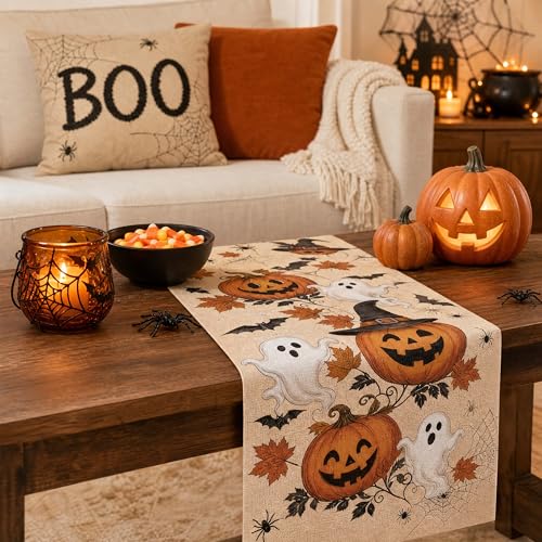 Halloween Pumpkin Ghost Fall Table Runner 13x72 Inch for Autumn Dining Decor - Variation of Pumpkin