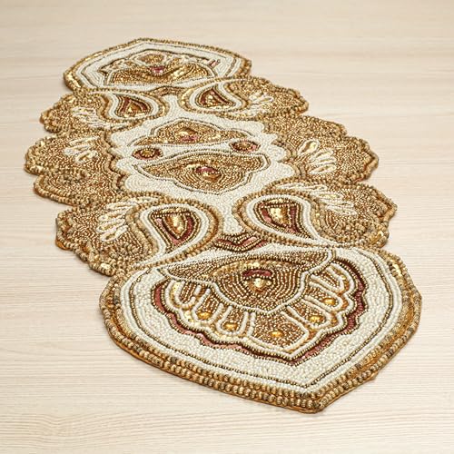 Ivory Gold Beaded Christmas Table Runner - Paisley Handmade Decor 13x36