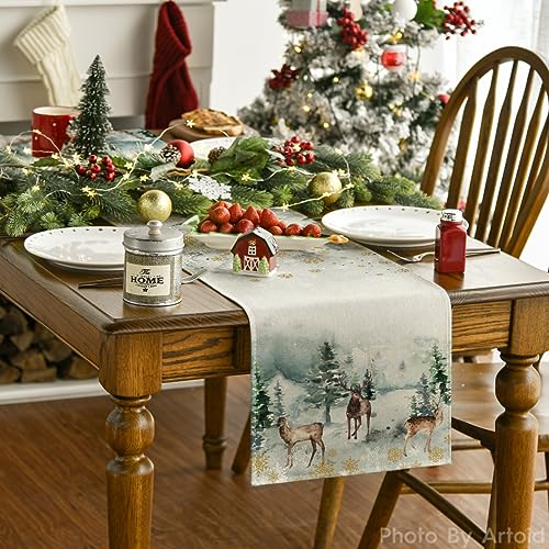 Green Deer Tree Christmas Table Runner 13x72 Inches Decor for Holiday & Party