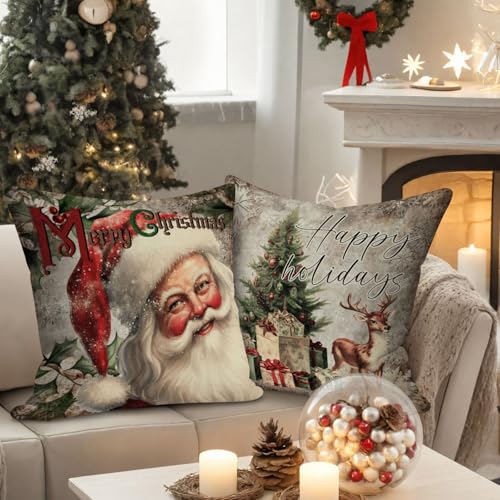 Green 26x26 Holiday Throw Pillow Covers Set of 4 - Xmas Xmas Decoration Cushion Santa Snowman Winter Home Decor