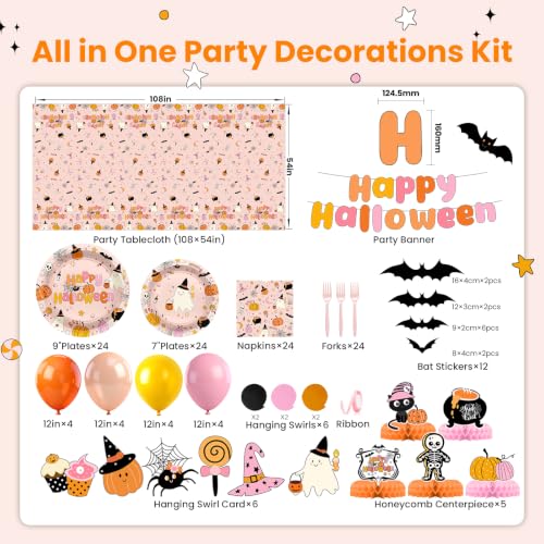 Pink Halloween Party Supplies Kit for Girls with Plates, Napkins, Decorations