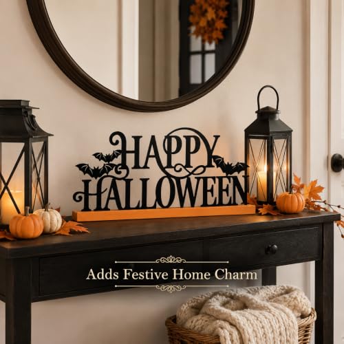 Halloween Wood Sign with Bat Cutouts - Spooky Holiday Decor