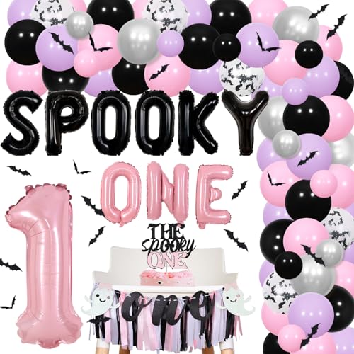 Halloween 1st Birthday Party Decorations Pink and Purple Balloons Banner Cake Topper Wall Stickers