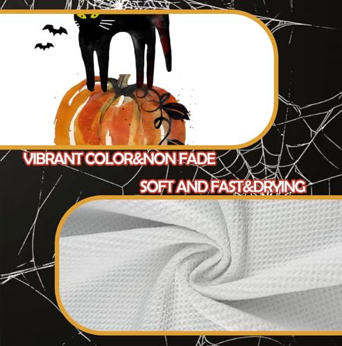 Halloween Kitchen & Bath Towels - Black Cat & Pumpkin Decor, 16x24 Inches - Fall Black Cat Variation