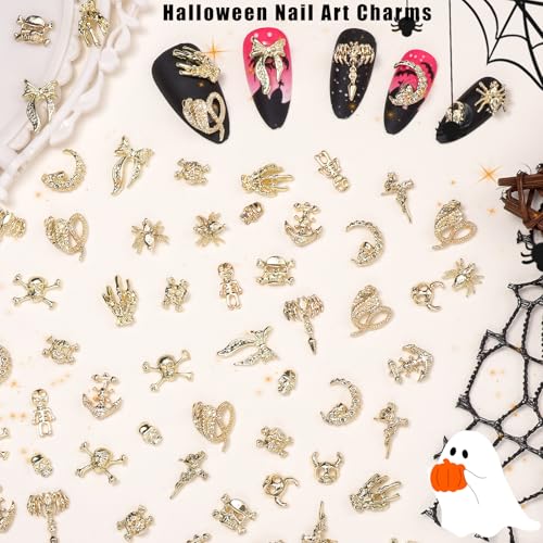 Halloween Nail Charms Set - 70 Gold 3D Skeleton Skull Cross Spiders Spikes