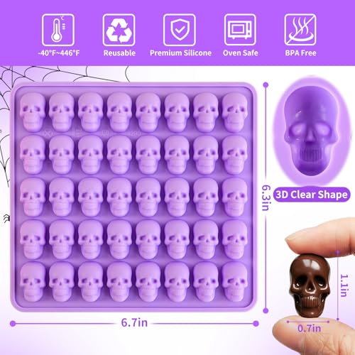 Mini Skull Silicone Mold for Candy & Chocolate - 2 Pack Halloween Gummy Ice Cubes - Pink & Purple