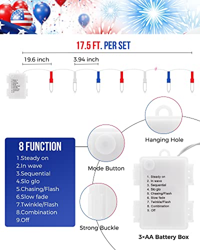 Red White Blue Battery Operated String Lights 2 Pack 18Ft 50 LED - Patriotic Decor
