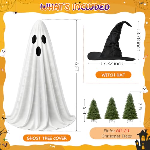 Halloween Ghost Tree Cover with Witch Hat for 6-7 Ft Christmas Trees - Spooky Seasonal Decor