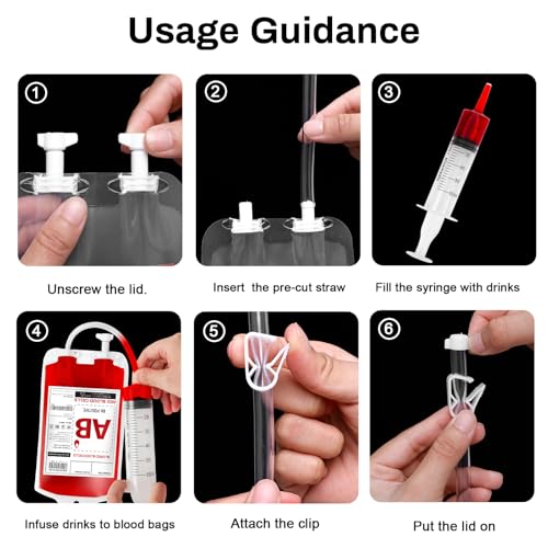 Halloween Blood IV Bags for Drinks - 60 Pack Reusable Container with Syringes & Clips - Variation: 60 Bags & 3 Syringes