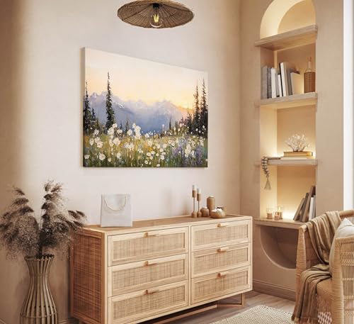Landscape Canvas Wall Art - 24x16 Inches Sunset Mountain & Wildflowers