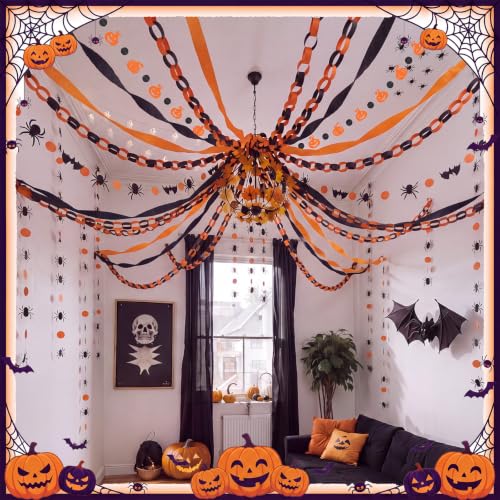 Halloween Paper Chain Garland Set - Black & Orange Streamers & Bats/Pumpkins (Variation of THIS listing)