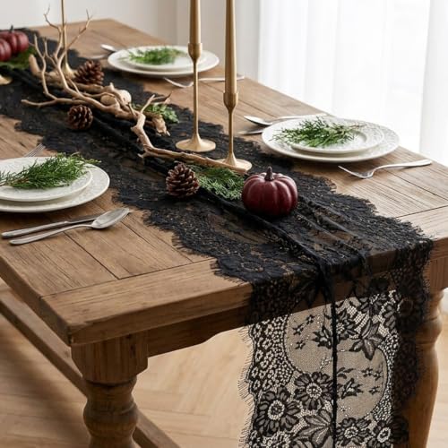8pcs Halloween Black Lace Table Runners - Elegant Gothic Table Decor 14x120 Inch