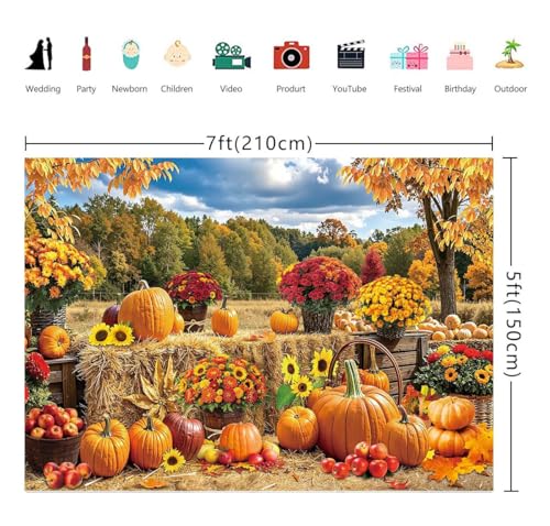 7X5FT Fall Pumpkin Backdrop Autumn Haystack Maple Leaves Photography Background