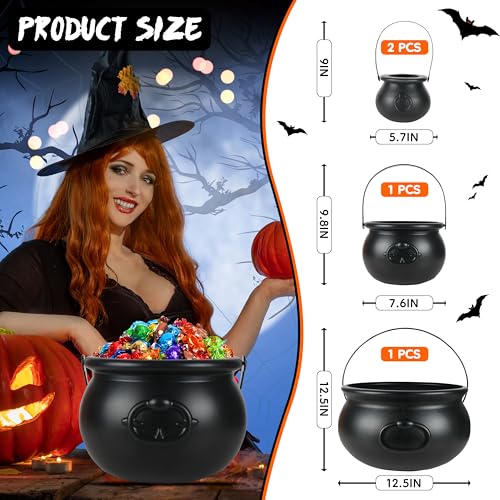 Black Halloween Cauldron Set - 4 Sizes Plastic Witch Kettles for Candy & Party Favors