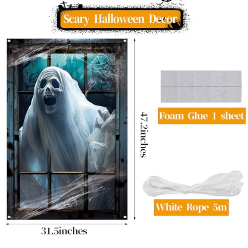 White Halloween Ghost Window Decoration - Large Spooky Haunted House Window Decor with Rope