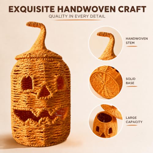 Halloween Pumpkin Jack-O-Lantern Handwoven Rattan Candy Bowl - Orange B