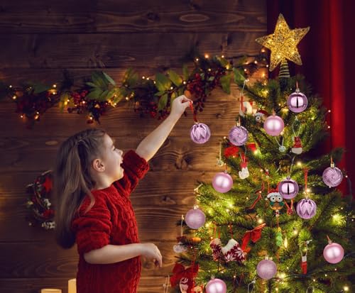 Hollyone Bubblegun Pink Christmas Ornaments Set - 30 Shatterproof Balls for Tree & Holiday Decor