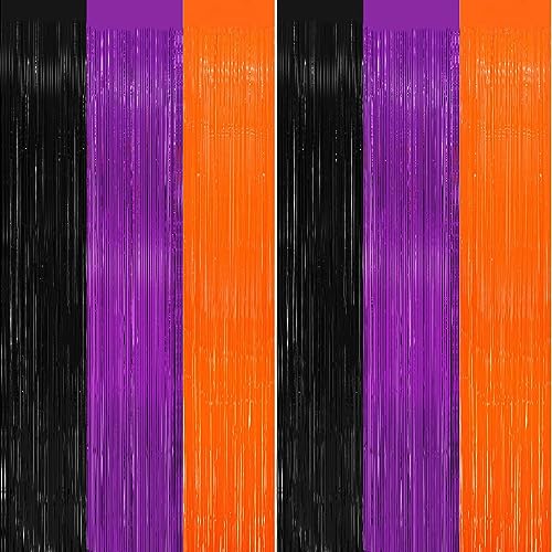 Halloween Foil Fringe Curtain Set - Black, Orange & Purple Metallic Tinsel Streamers for Party Decor