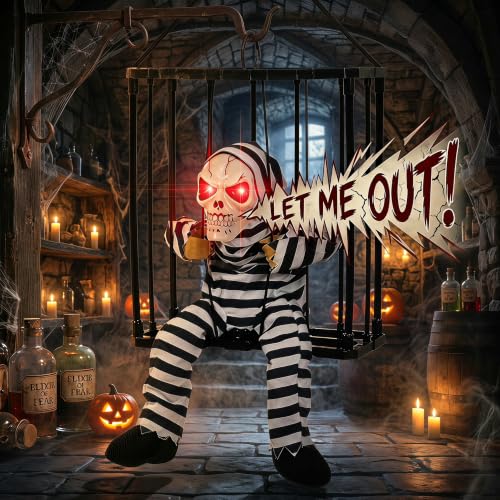 Scary Skeleton Cage Halloween Decor with Motion Sensor and Glowing Red Eyes