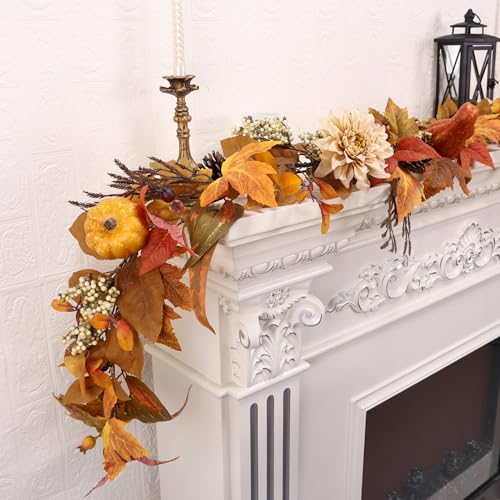 Fall Garland 6Ft Autumn Maples Leaves Pumpkins Berries Pine Cones Decor