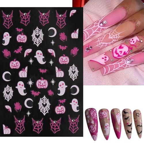 Halloween Ghost and Spider Nail Stickers - Pink White 3D Web Decals - Spider Web Variation