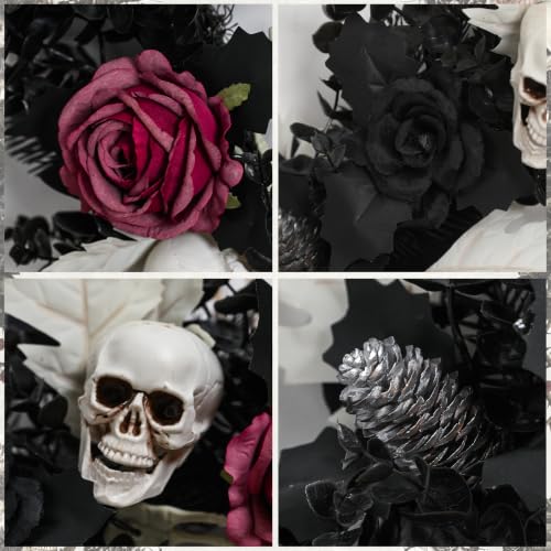 Halloween Skull Wreath for Front Door - Gothic Black & Burgundy Decor Variation: Black
