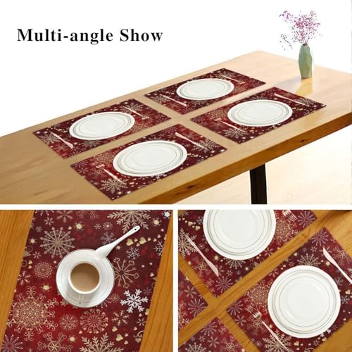 Christmas Placemats Set of 6 - Gold White Snowflakes Holiday Table Mats - Double Sided Burlap, 18x12 Inches - Variation of THIS listing