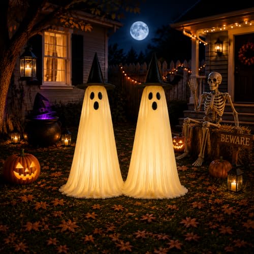Outdoor Halloween Ghost Decorations Set with LED Lights, Adjustable Tall Spooky Figures