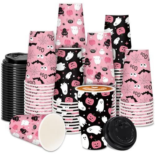 Pink Halloween Disposable Coffee Cups with Lids - 12oz Ghost Bat Pumpkin Set, 72 Pack