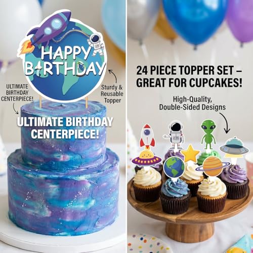 Space Themed Party Decorations Set with Balloons, Banners & Cake Toppers
