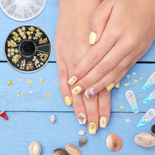 Ocean Theme Nail Art Charms Set - Silver & Gold Disc 2-Piece, 12 Styles, Beach & Seashells