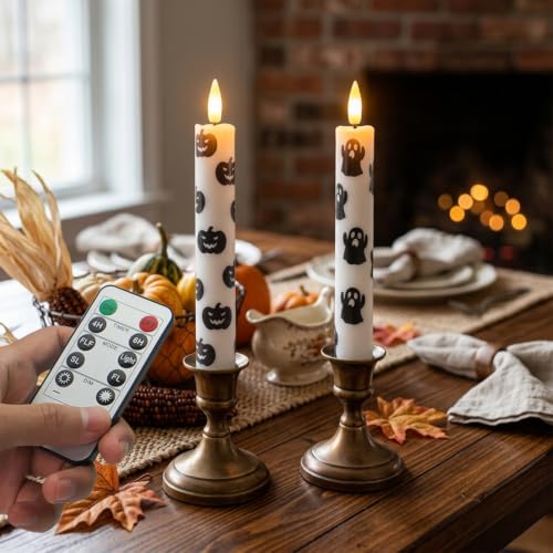 Halloween Ghost & Pumpkin Taper Candles Set with Remote Timer - Flameless, Flickering & Steady Light, 2PCS