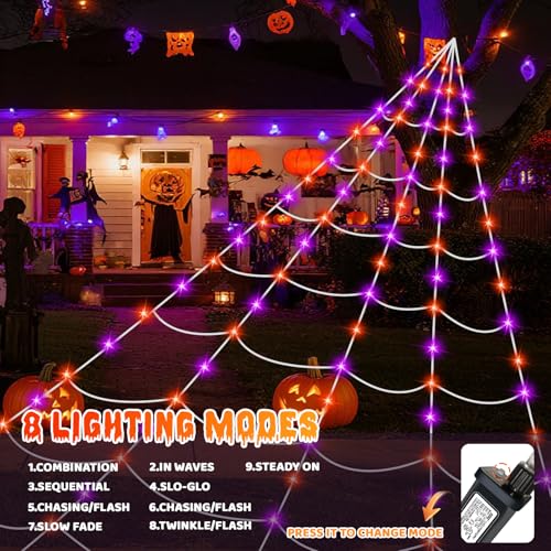 Halloween Spider Web Lights Decoration - 250 LED 16.4Ft Outdoor Web with 8 Modes & 5Ft Giant Spider - Stretch Cobweb for Yard Garden Haunted House - Lighting Spider Web