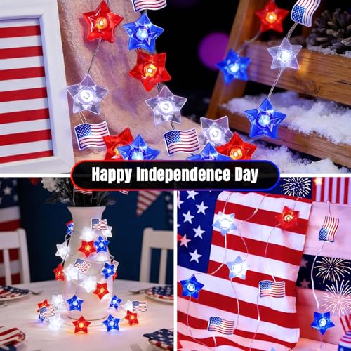 Patriotic Star & Flag String Lights - 16FT Battery Operated 50 LEDs, 8 Modes, Red White Blue Star Flag Variation
