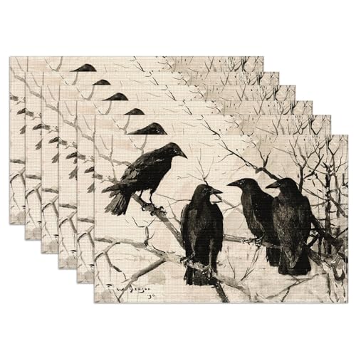 Crows Branch Placemats Set of 6 - Linen Table Mats for Spring & Fall Decor - Washable & Stain Resistant