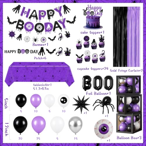 Black and Purple Halloween Birthday Decorations Set with Banner, Balloons, Web, and Balloon Arch