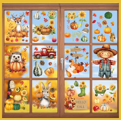 Fall Window Clings Set - Scarecrow & Autumn Decorations, Reusable Static Stickers
