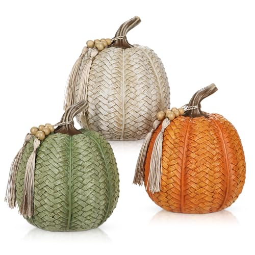 Fall Pumpkin Decor Set - 3 Pack Woven Resin Oranges, Whites & Greens for Autumn Thanksgiving Halloween
