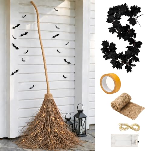 6ft Halloween Giant Witch Broom with Light-Up Rustic Farmhouse Decor