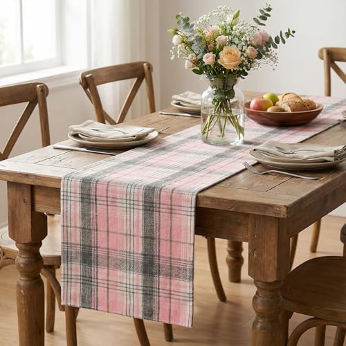 Pink Grey Farmhouse Table Runner 13x72 Inch Spring Holiday Kitchen Decor
