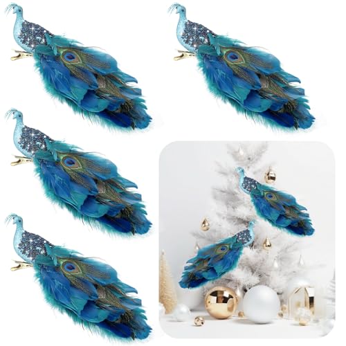 Set of 4 Peacock Christmas Tree Ornaments - Long Feather Bird Decorations for Holiday Decor