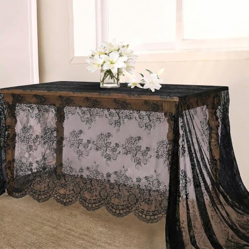 Black Lace Tablecloth 2 Pieces 60x120 Inch Rectangle Vintage Chic Overlay - Black